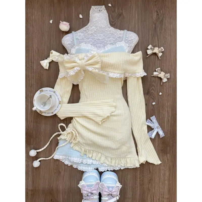 maoxiangshop - Autumn Sexy Hot Girl Off Shoulder Long Sleeve Lace Bow Strap Fake Two Piece Knitted Dress Slimming Wrap Hip Mini Dress for Women