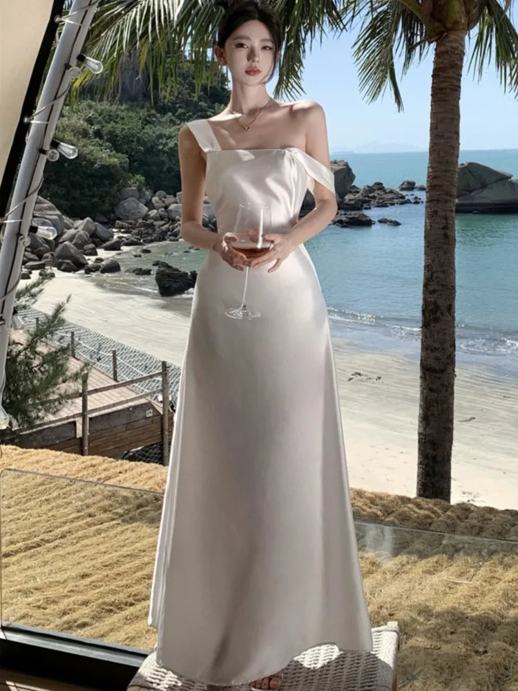 maoxiangshop - Sexy Backless Maxi Dress Women Camisole Lace Up Satin Vestidos Holiday Birthday Party Evening Gown Female Dresses Spring Autumn