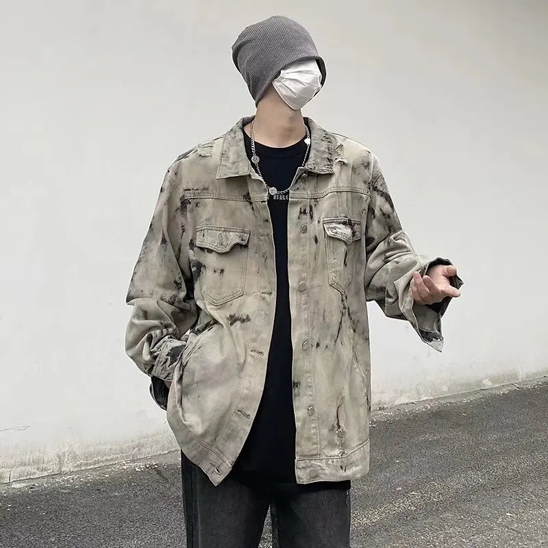 maoxiangshop Men Gray Tie-dye Denim Jackets Coats Loose Vintage Jeans Jackets New Autumn Hip Hop Denim Coats Outwear Casual Jeans Coats