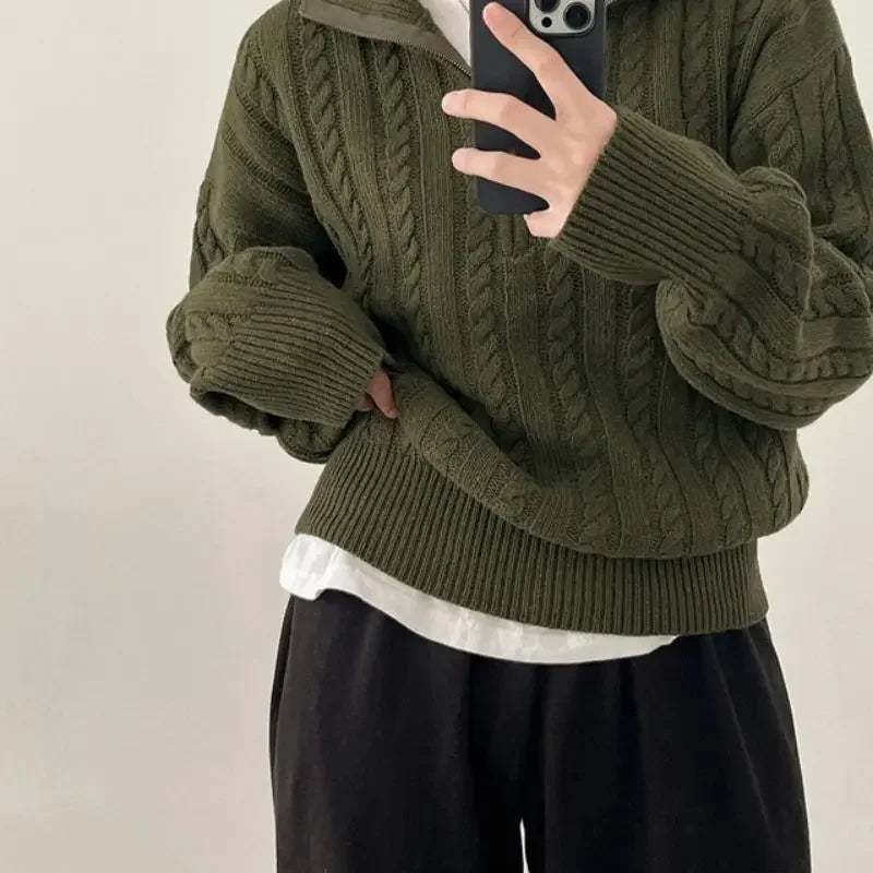 Korean Fashion Half Zipper Sweaters Women Vintage Twisted Knitted Crop Pullover Casual Sueter Mujer Long Sleeve Tops