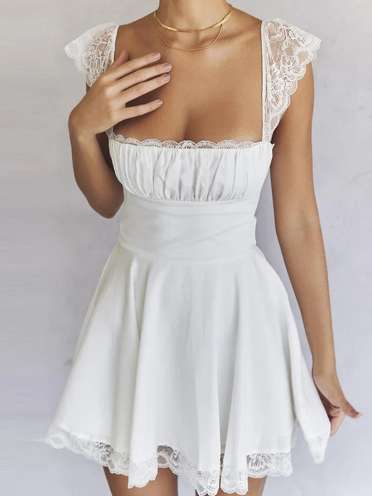 Double Layered Wedding Guset Dresses For Women Chic Sweet Kawaii Birthday Party Outfits Sexy A Line Lace White Dress