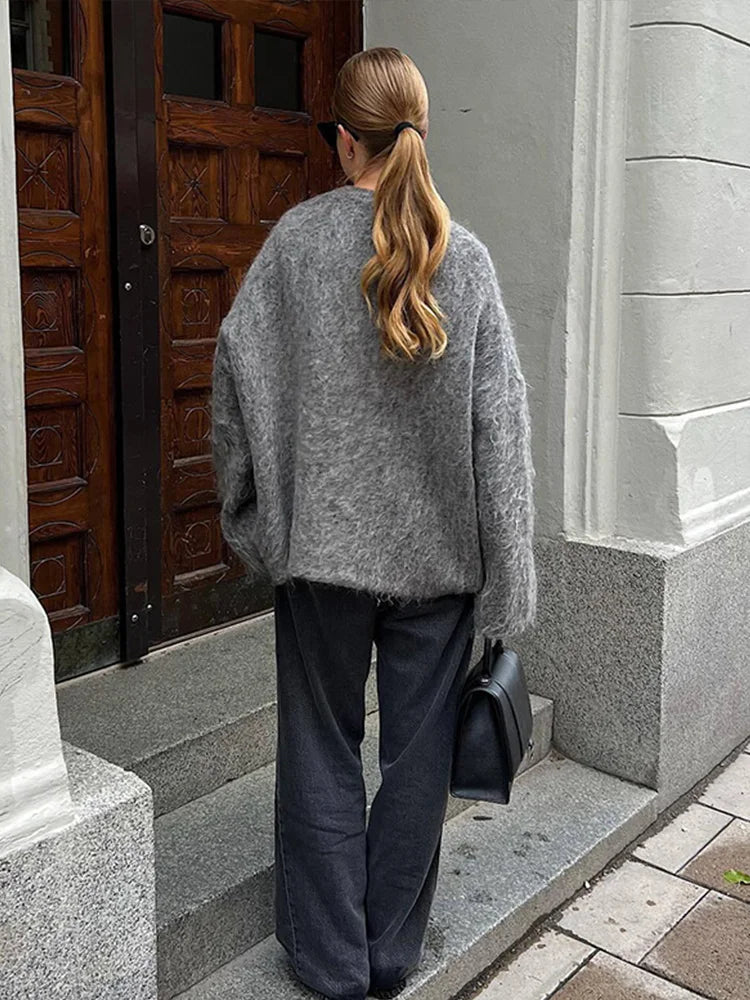 maoxiangshop - Casual Knitted Solid V-neck Cardigan Women Retro Loose Plush Single Breasted Sweaters Female Autumn Winter Elegant Knitwear