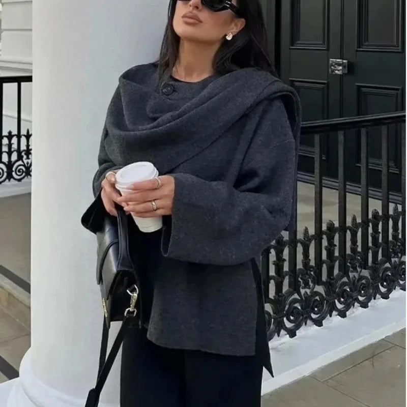 maoxiangshop - Fashion Asymmetric Scarf Knitted Jacket Women O Neck Single Button Side Slit Solid Loose Coat Winter New Female Chic Outerwear