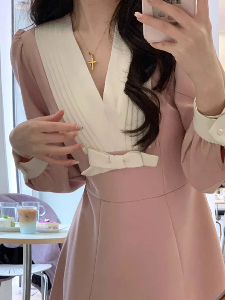 maoxiangshop-Faymusty Women's Pink Sweet Dress with Bow Chic Lace Party Mini Dresses Female Casual High Waist Patchwork Kawaii Spring 2024
