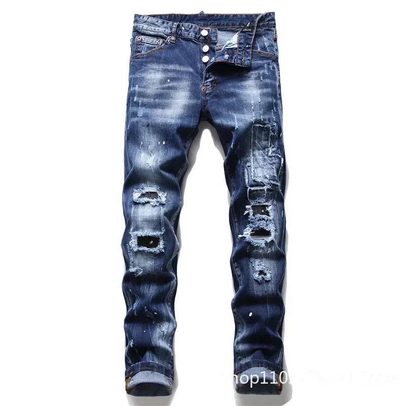 maoxiangshop Men Blue Denim Jeans Skinny Holes Jeans Italian Style Stretch Denim Pants High Quality Male Slim Fit Denim Trousers Size 42