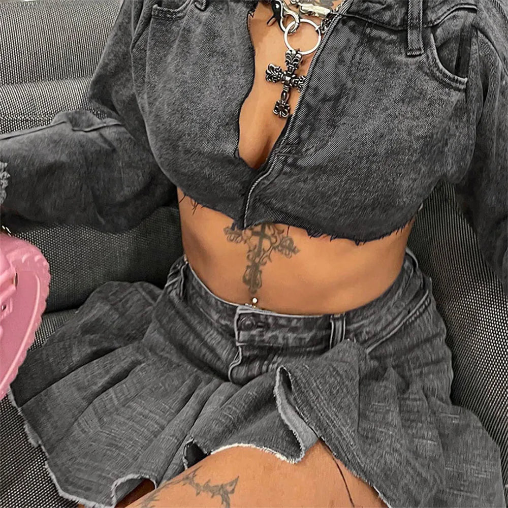maoxiangshop - High Wiast Mini Dress Suits For Women Denim Slim Short Crop Tops And Folds Skirt Two Piece Set Womens Outfits Autumn