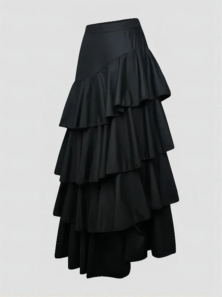 maoxiangshop Women's High Waist Layered Ruffle Maxi Cake Skirt Elegant Party Wedding Guest Y2K Solid Vintage Black Solid A Line Skirts