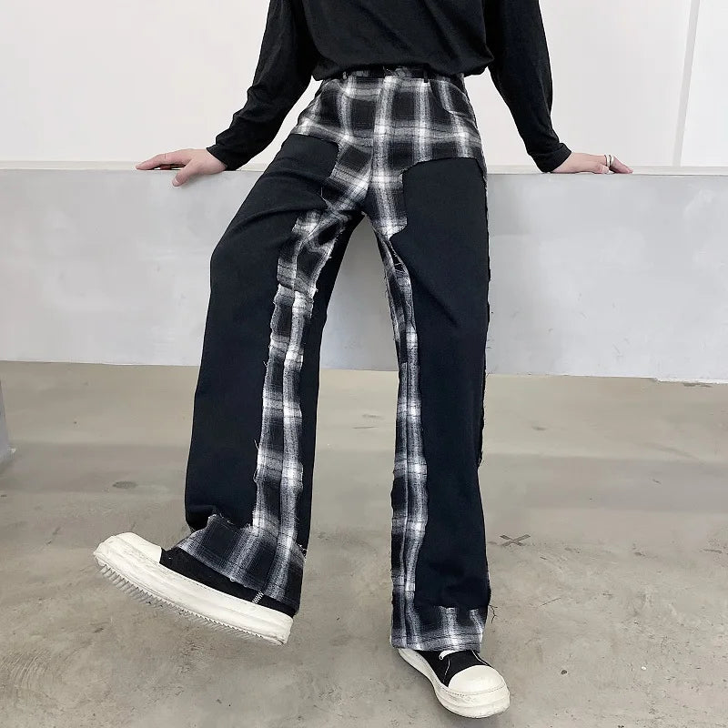 maoxiangshop 2024 Fashion Elegant Plaid Splicing Design Casual Pants Men's Trendy High Street Original Straight Tube Trousers