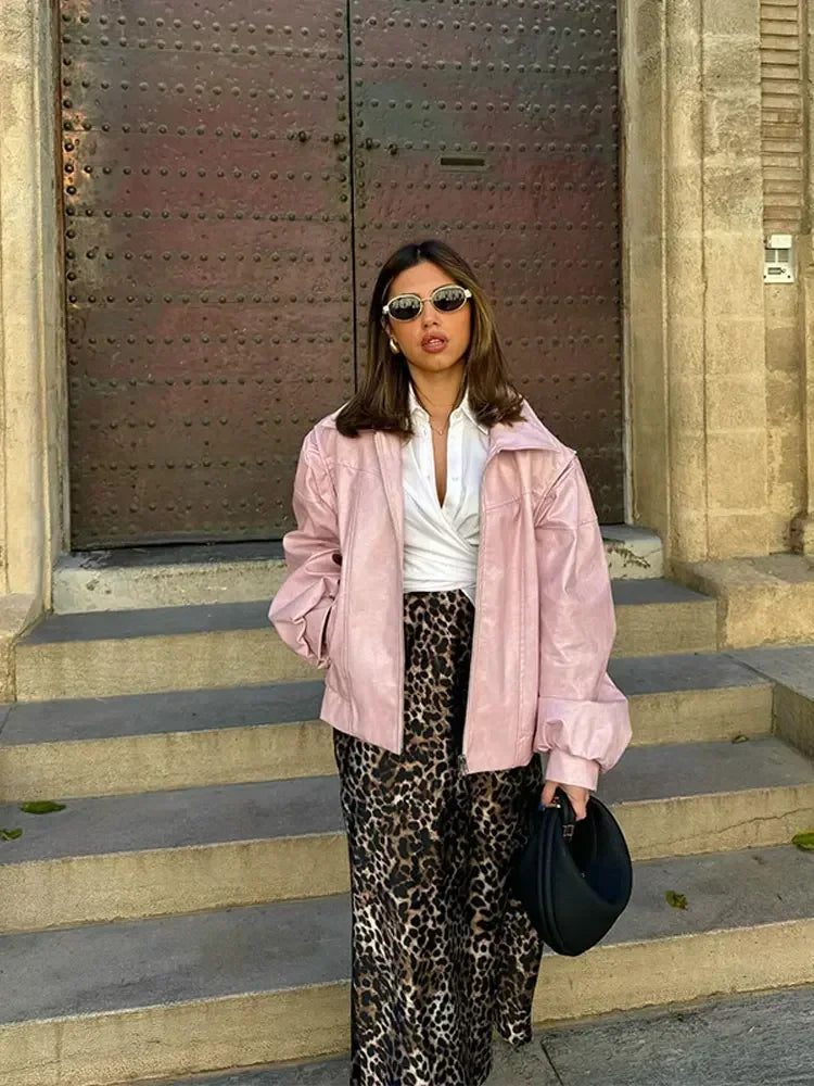 maoxiangshop - Chic Women Solid Pink Short Leather Jacket Elegant Lapel Lantern Long Sleeves Zipper Crop Coat Autumn Lady Commuting Outerwear