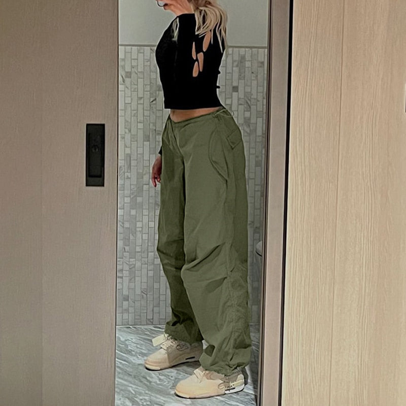 maoxiangshopWomen Y2K Cargo Pants Solid Low Waist Sweatpants Drawstring Wide Leg Baggy Trousers 2023 Summer Streetwear Punk Casual Tech Pant