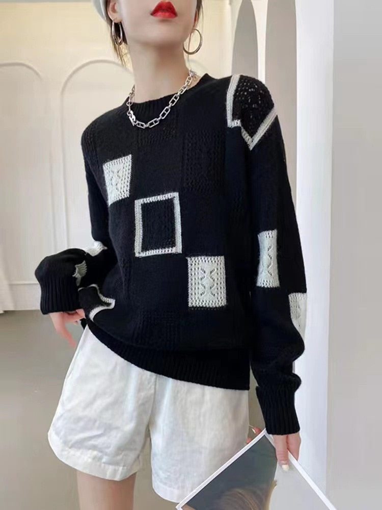 maoxiangshop Fashion Tops Women Oversized Sweater Autumn Winter New Colorblock Plaid Knitted Pullovers Round Neck Retro Warm Sweaters