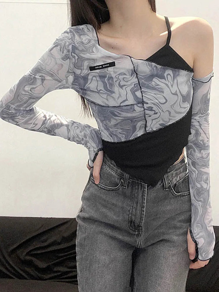 Asymmetrical Yamamoto Sleeve T-Shirts Women Sexy Cute Slope Neck Ruffles Fashion Tide Autumn Crop Tops Chic