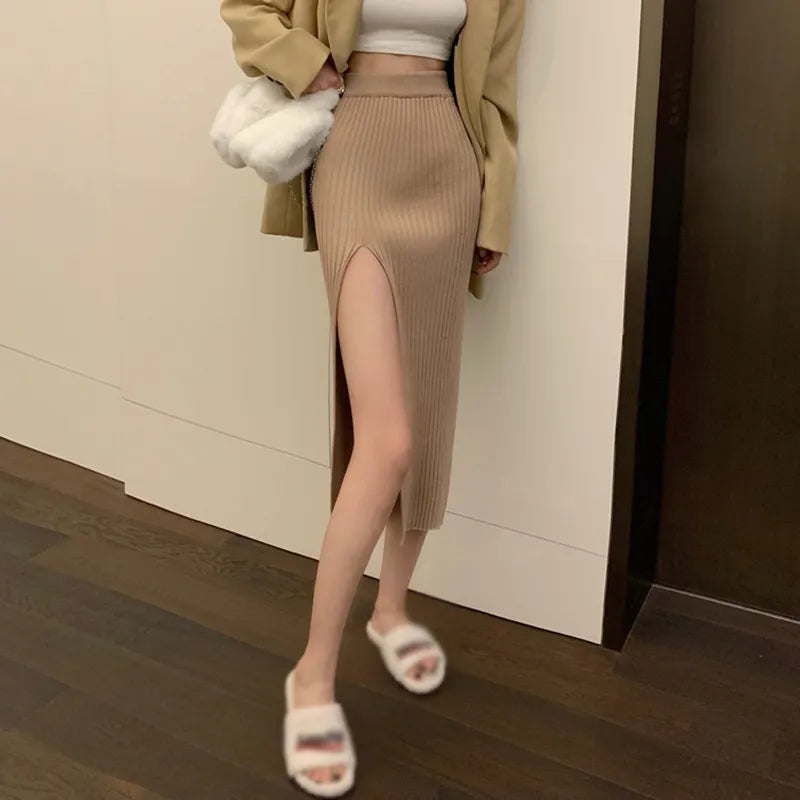 maoxiangshop High Waist Knitted Half Skirt Elastic Force Temperament Thin Sexy Split Slim Skirts Spring Autumn