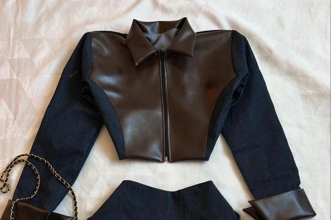 maoxiangshop - Y2K Harajuku Gothic Leather Jacket Casual Skirts Gothic Fashion Leather Patchwork Two Piece Clothing gothic Women Hot Sweetheart