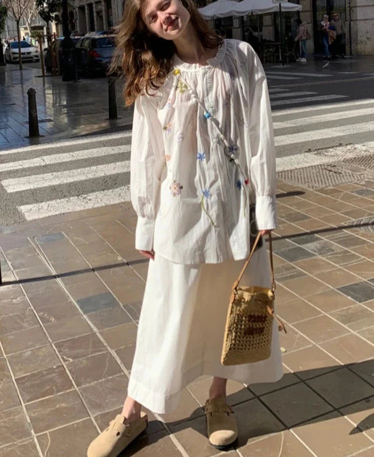 maoxiangshop - Chic Cute Floral Embroidery Blouse Women+Long Skirts Set Cotton Ruffle O-neck Blouse Woman Suit Loose Skirts Vacation Outfit