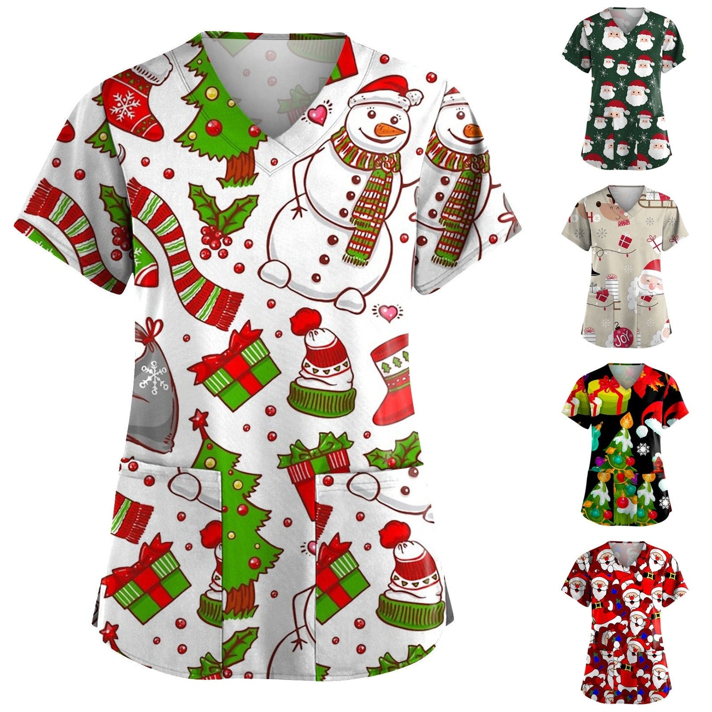 maoxiangshop Cute Cartoon Animals Print Christmas Nursing Scrubs Women Tops Short Sleeve pet salon Work Uniform Blouse Costume Shirts Female
