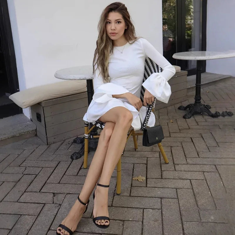 maoxiangshop - Knitted Mini Dress Female Long Sleeves Gown Flare Sleeves Spliced Autumn Winter Dress A-Line Sweet Bodycon Women Clothes