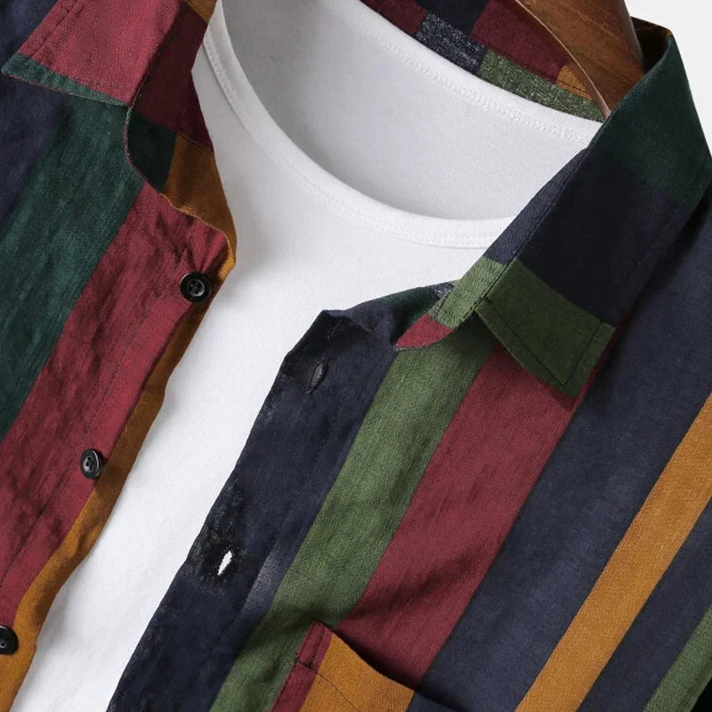 maoxiangshop Spring and Autumn Men's Street Colorful Vertical Stripes Loose Relaxed Polo Collar Single Breasted Long Sleeve Shirt New