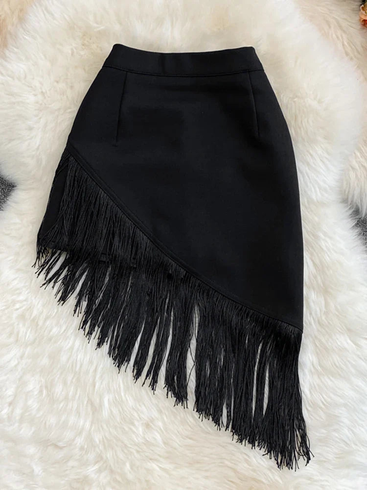 maoxiangshop Womern High Waist Fringed Short Skirt Women's Summer New Style Black Irregular Elastic Hip Skirt Anti-glare Skirt