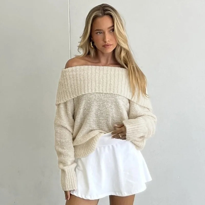 maoxiangshop - One Shoulder Knitted Sweater Women's Sexy Slim Long Sleeve Solid Pullover Top Loose Casual Chic Autumn Street Sweater