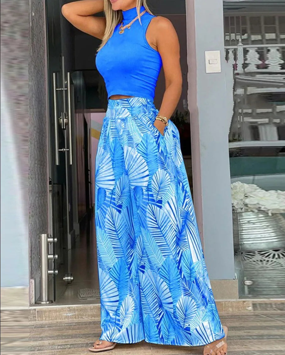 maoxiangshop Sexy Off Shoulder Sleeveless Blouse Pants Set Office Lady Spring Summer Print Tops Trousers Two Piece Set Women Outfit