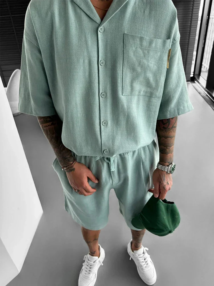 maoxiangshop Streetwear Vintage Mens Shirts Two Piece Outfits Fashion Solid Color Suits Loose Pocket Short Sleeve Shirt And Shorts Men Sets