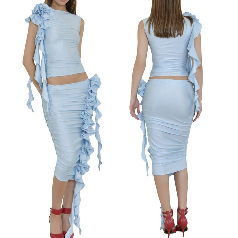 maoxiangshopTwo Piece Skirt Set Women's Suit y2k Clothes Summer Sexy Outfit Cropped Top and Split Skirt Chic Elegant Female Clothing