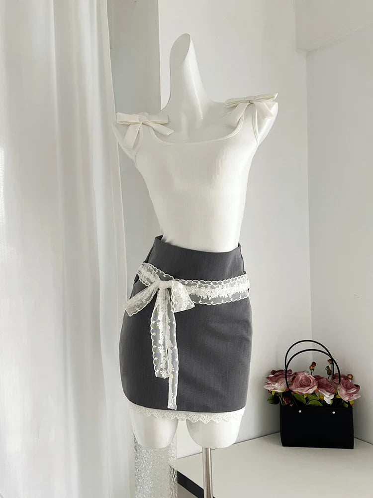 maoxiangshop - Summer Women Vacation Y2k Cute Core 2000s Aesthetic Rave Night Club Outfits 2 Piece Set Camisole Mori Halter Top + Mini Skirts