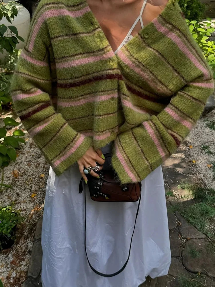maoxiangshop - Elegant Stripe V Neck Women Sweater Single Breasted Loose Knitted Lady Cardigan 2024 Autumn Elegant Full Sleeve Female Coat