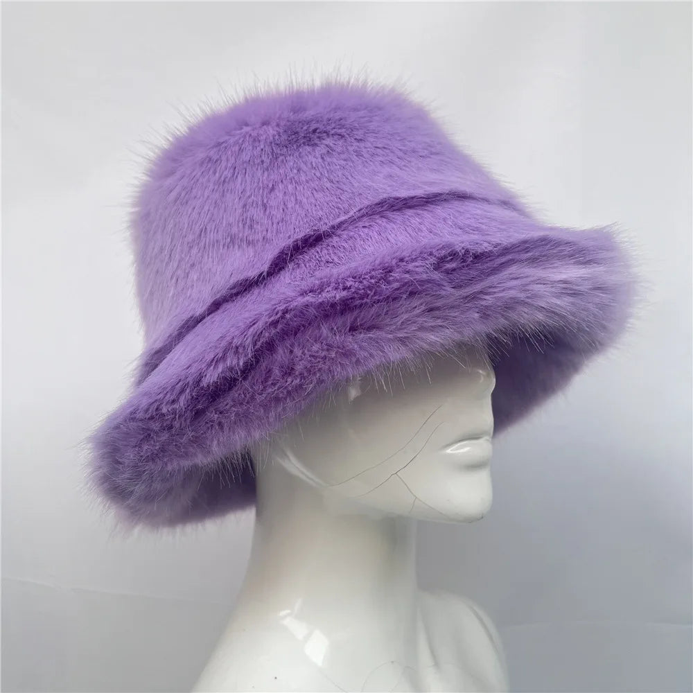 maoxiangshop - Luxury Ins Hot Y2k Girls Faux Fox Fur Bucket Hat Women Winter Warm Rabbit Fur Plush Fisherman Hat Cap Festival Party Ski Panama
