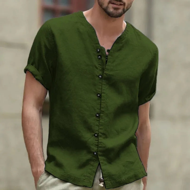 maoxiangshop Cotton hemp hot sell men's short sleeve shirt summer solid color stand collar casual beach style shirt