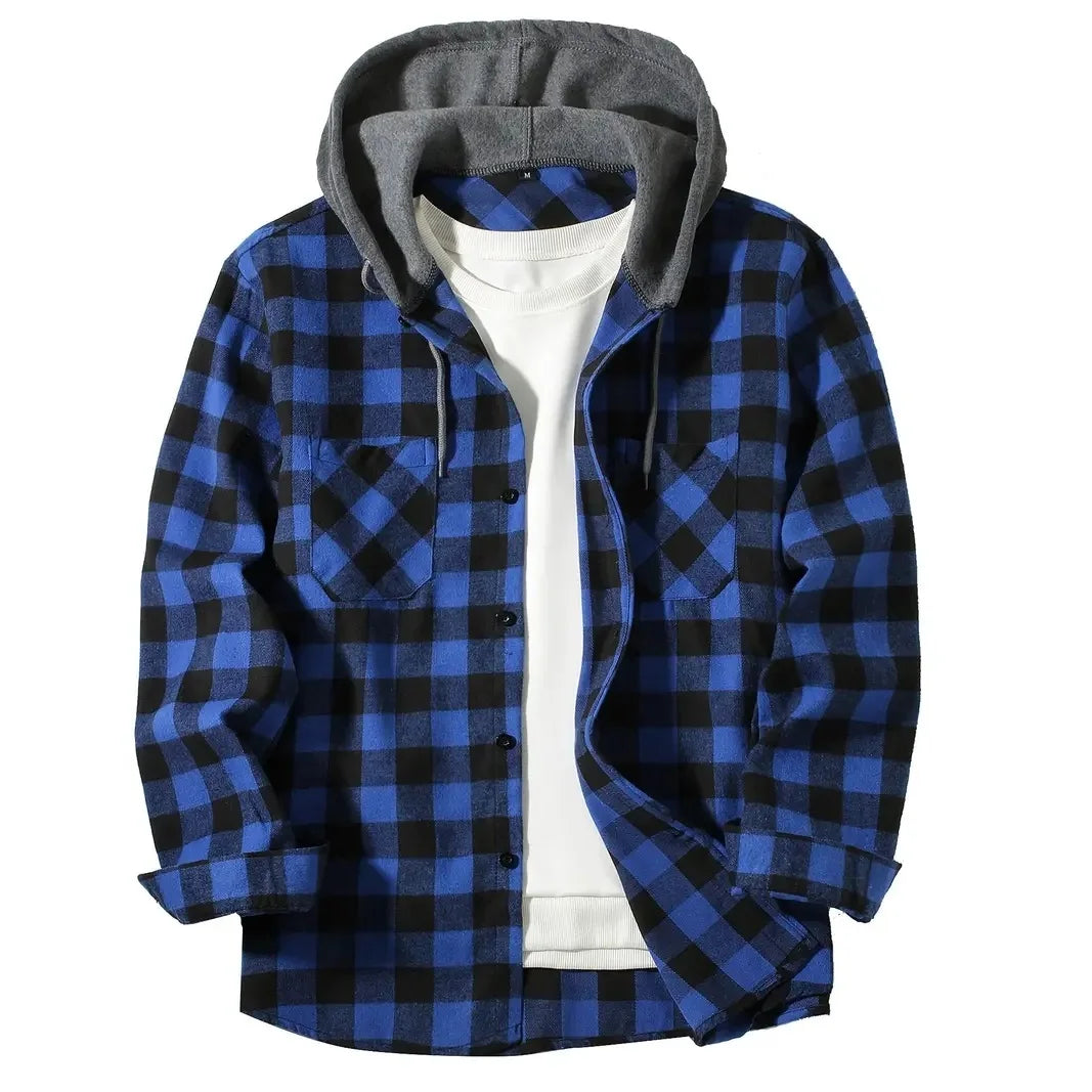 maoxiangshop Spring Autumn Men's Hoodies Shirts Classic Plaid Casual Button Down Hooded Long Sleeved Double Pockets Shirt Flannel Jacket Tops