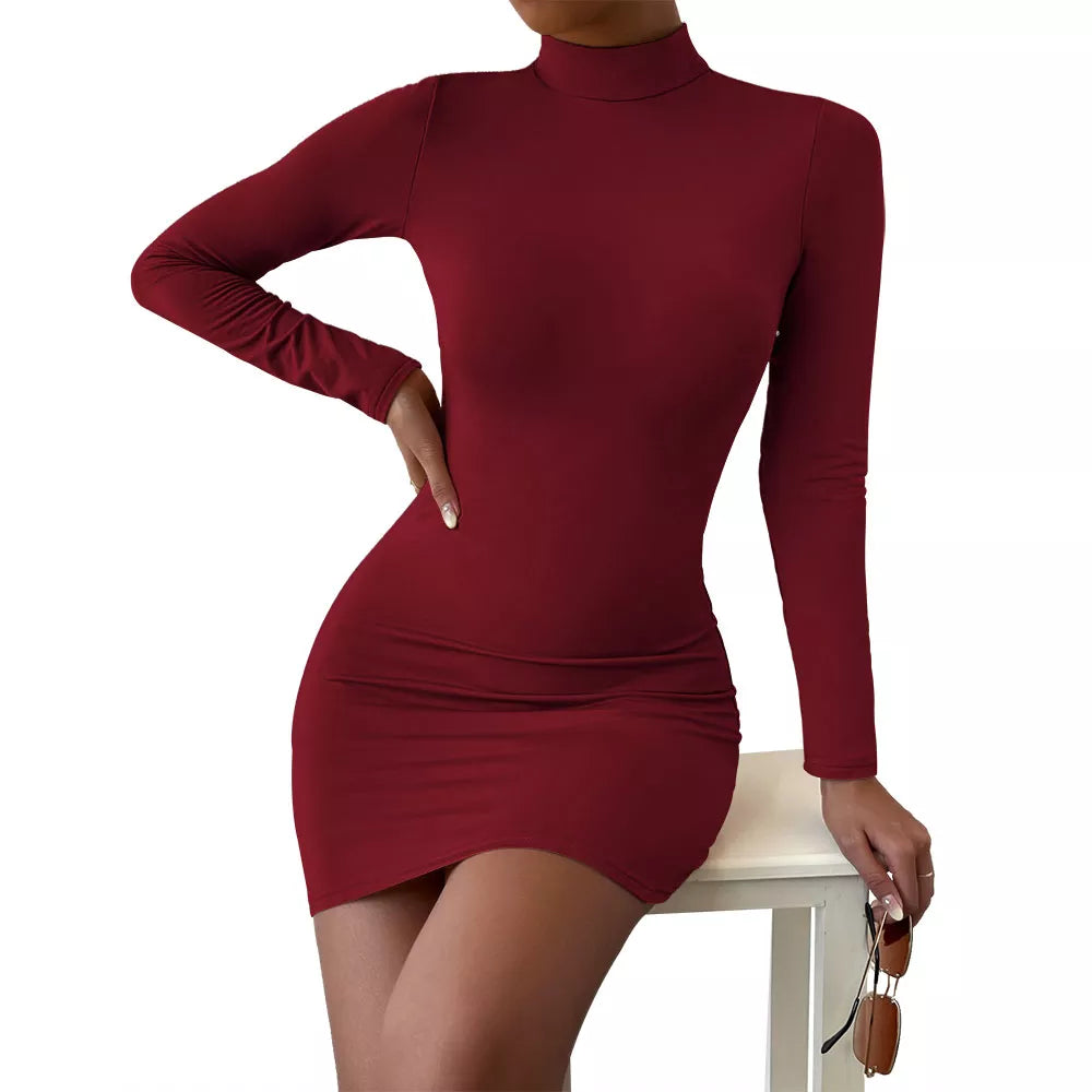 maoxiangshop New Arrival Turtleneck Long Sleeve Skinny Mini Dress Sexy Skirt Dresses Women Elegant Chest Slim Pleated Dress