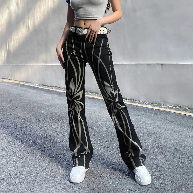 maoxiangshopBrown Baggy Girl Jeans Women Heart Print New Aesthetic Vintage 90s Streetwear Denim Trousers Low Waist Straight Pants