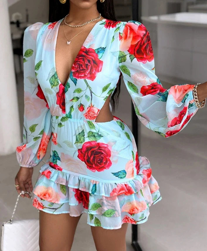 maoxiangshop New Fashion Summer Casual Sexy Dresses for Women Elegant Floral Print Ruffles Layered Dress Female Clothing Outfits