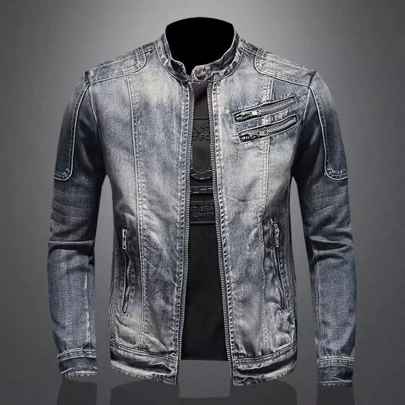 maoxiangshop Denim Jackets Men Casual Stand Collar Moto Biker Outerwear Coats Mens Fashion Zippers Motorcycle Streetwear Jacket Male Clothes
