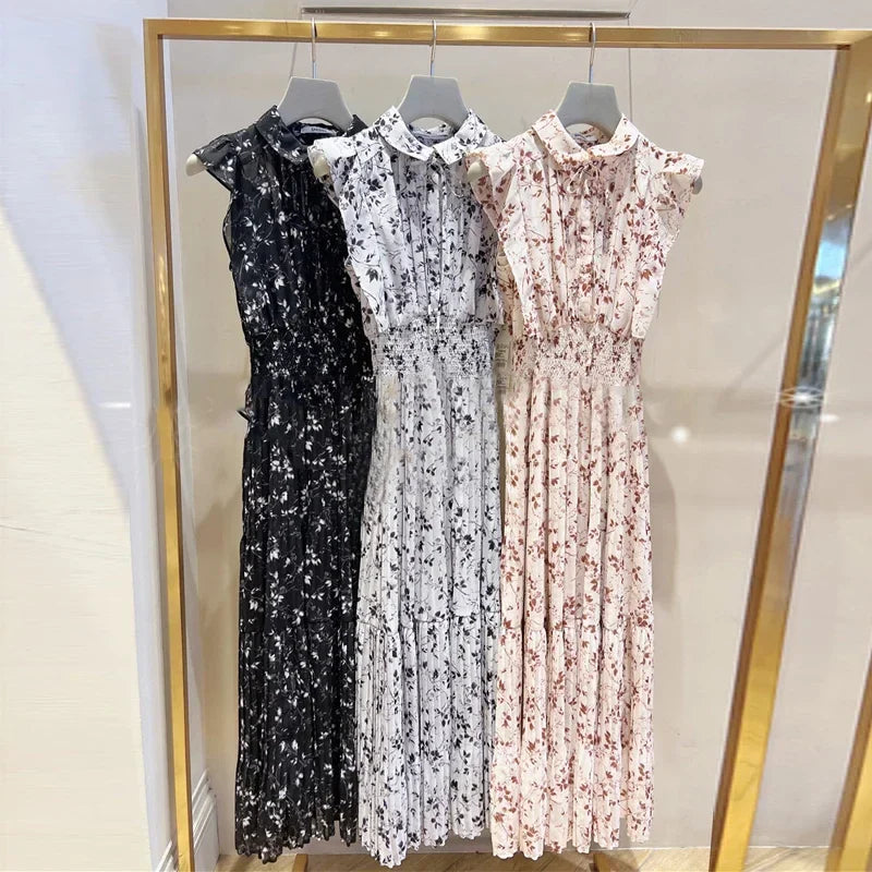 maoxiangshop Japan Style Flying Sleeve Floral Vestidos De Mujer Sweet Pleated Slim Waist Women Dress Chiffon New Neck Robe