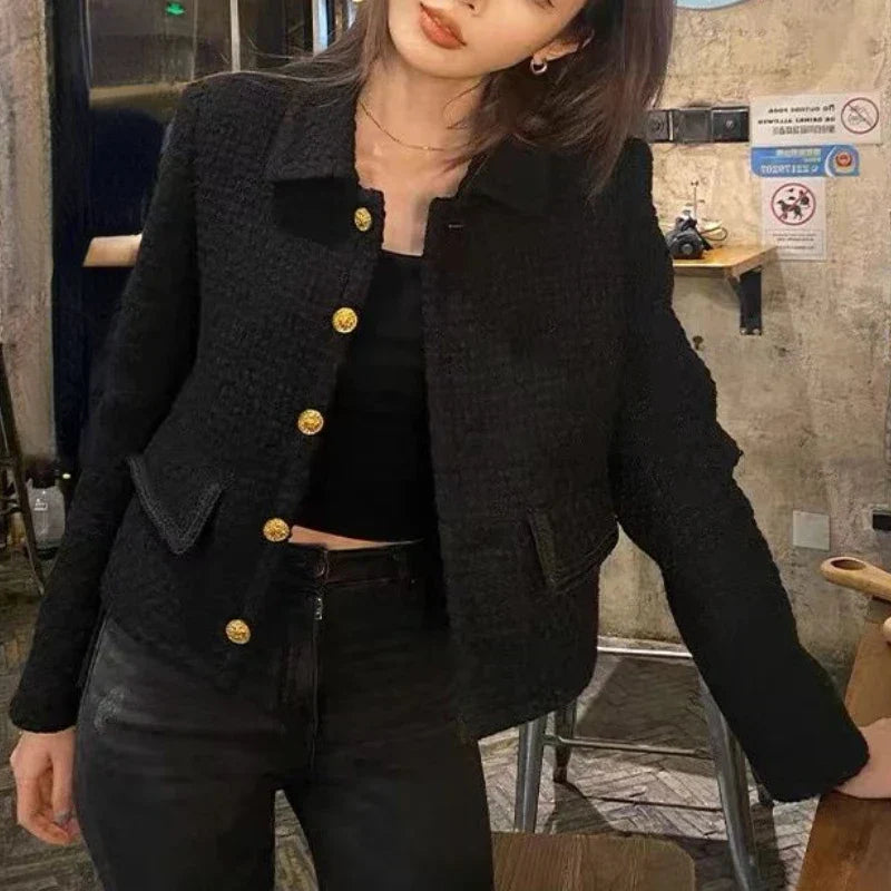 Black Short Small Fragrance Coat Female Wool Tweed Small Fragrant Elegant Women Tops 2024 Autumn Korean Chic Temperament Jackets