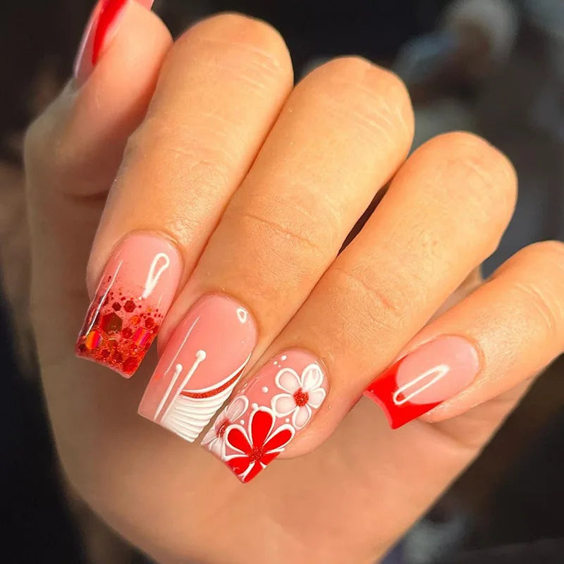 maoxiangshop 24Pcs Blue Flower False Nails Almond Cute Heart with French Design Detachable Fake Nails Artificial Press on Nails Tips Art