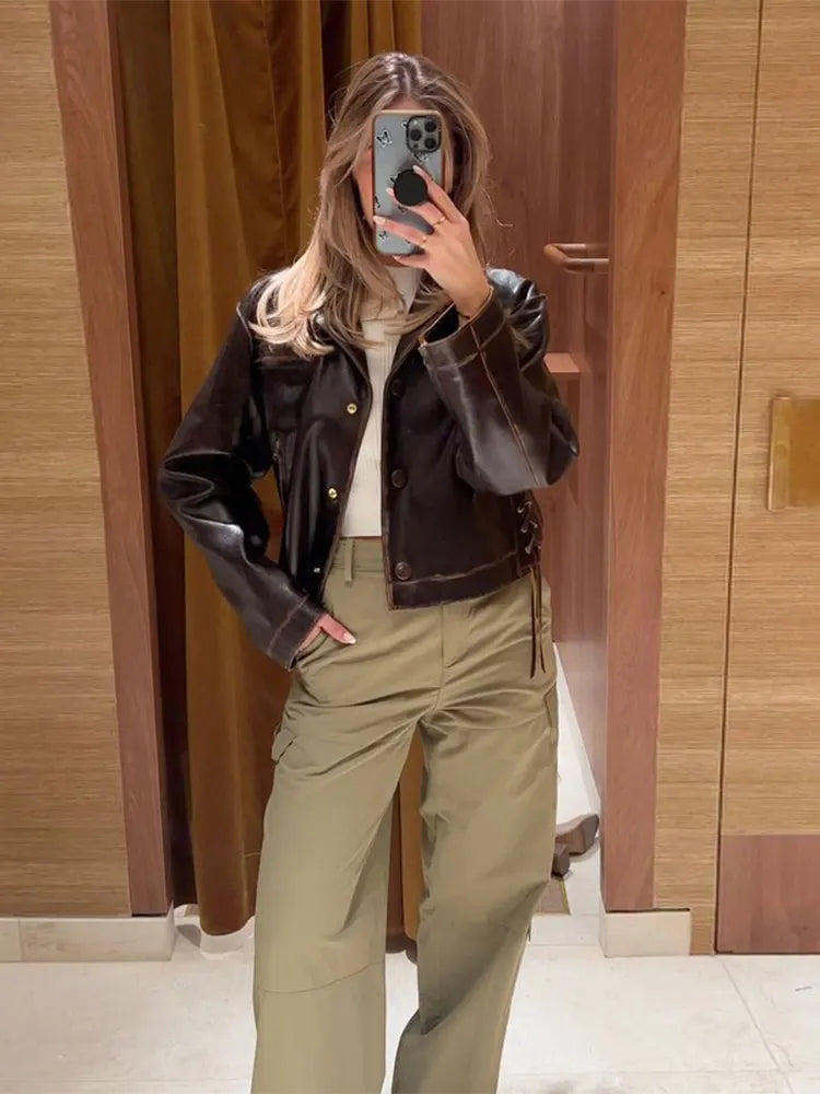 maoxiangshop - Fashion Pu Leather Brown Lapel Jacket Casual Long Sleeve Single Breasted Office Coat 2024 Autumn Chic High Street Lady Outwears