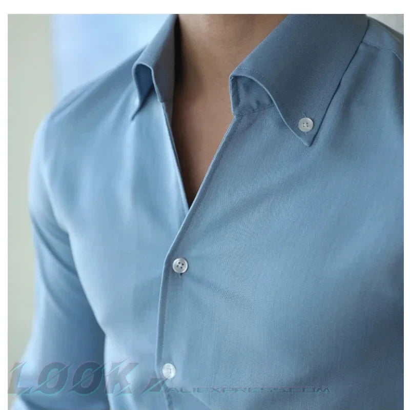 maoxiangshop Men's Italian Collar Shirt, Wrinkle-free, Casual, Fashionable, Slim-fit with A Lapel Design, Branded Clothing, Youth, New
