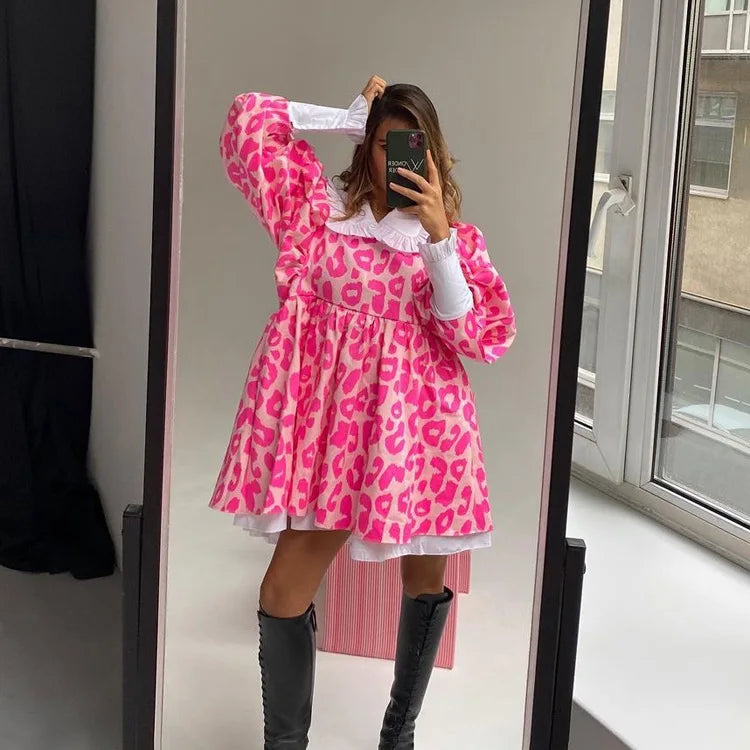 maoxiangshop - Women Vintage Printed Mini Dress Autumn New Fashion Long Sleeve Dresses High Waist Printed A- Line Doll Collar Poncho Dress