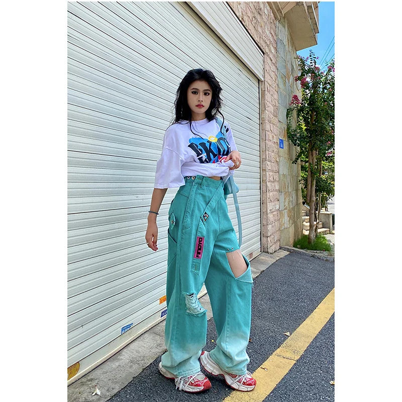 maoxiangshop - Blue Jeans Women Belt High Waist American Wide Leg Pants Y2K Style Fashion Streetwear Female Pants Autumn Straight Trousers