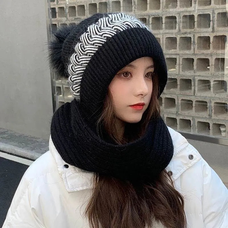 maoxiangshop New Women Winter Warm Beanies Hat Scarf set Breathable Rabbit Hair Blend Knitted Hat Scarf for Women warm lining Caps