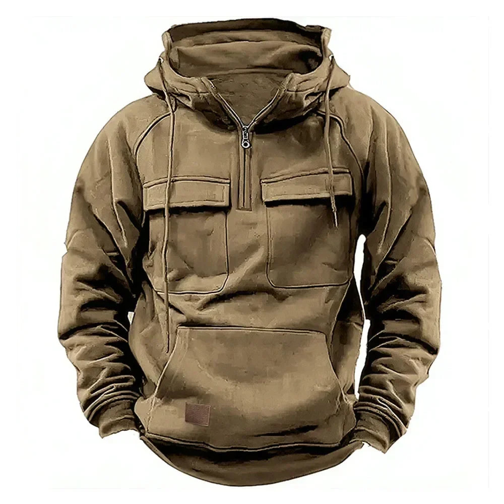 maoxiangshop Half Zipper Men's Hoodies Solid Warm Fleece Sweatshirts Multi Pockets Male Hooded Jackets Thick Outdoor Polar