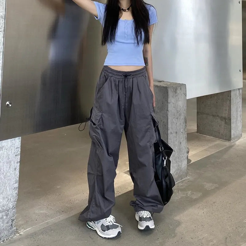 maoxiangshopWomen Big Pockets Cargo Pants Y2k High Elastic Waist Drawstring Baggy Trousers Vintage Casual Loose Side Zipper Straight Pants
