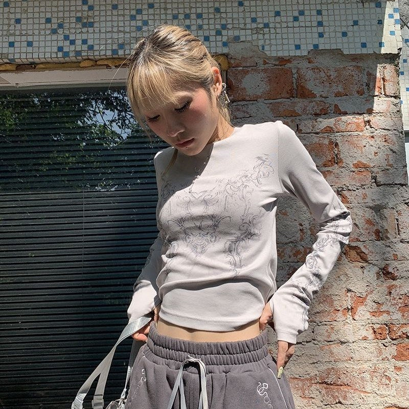 Vintage Women Clothes Y2K T-shirts Blusas O-neck Long Sleeve Print Tunic Grunge Woman Clothing Fashion Casual Crop Tops