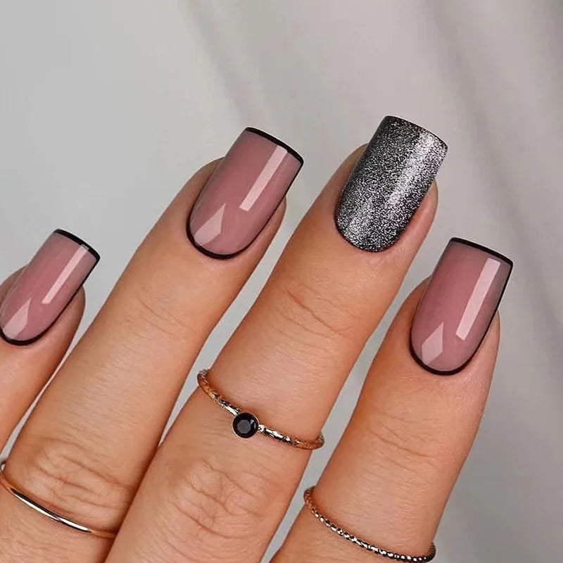 maoxiangshop 24Pcs Long Square Head False Nails with Gold Foil Design Wearable Black French Fake Nail Glitter Coffin Full Cover Press on Nail