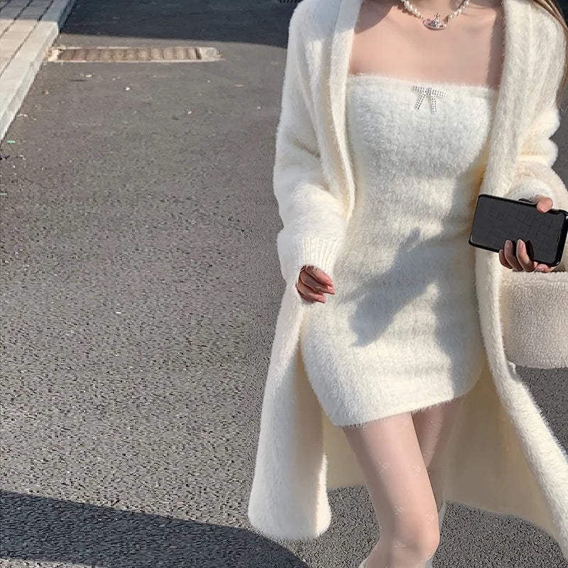 maoxiangshop Korean two piece dress elegant Knitted suit jacket mini dress for women luxury Sexy 2 piece sets white Cardigan two piece set