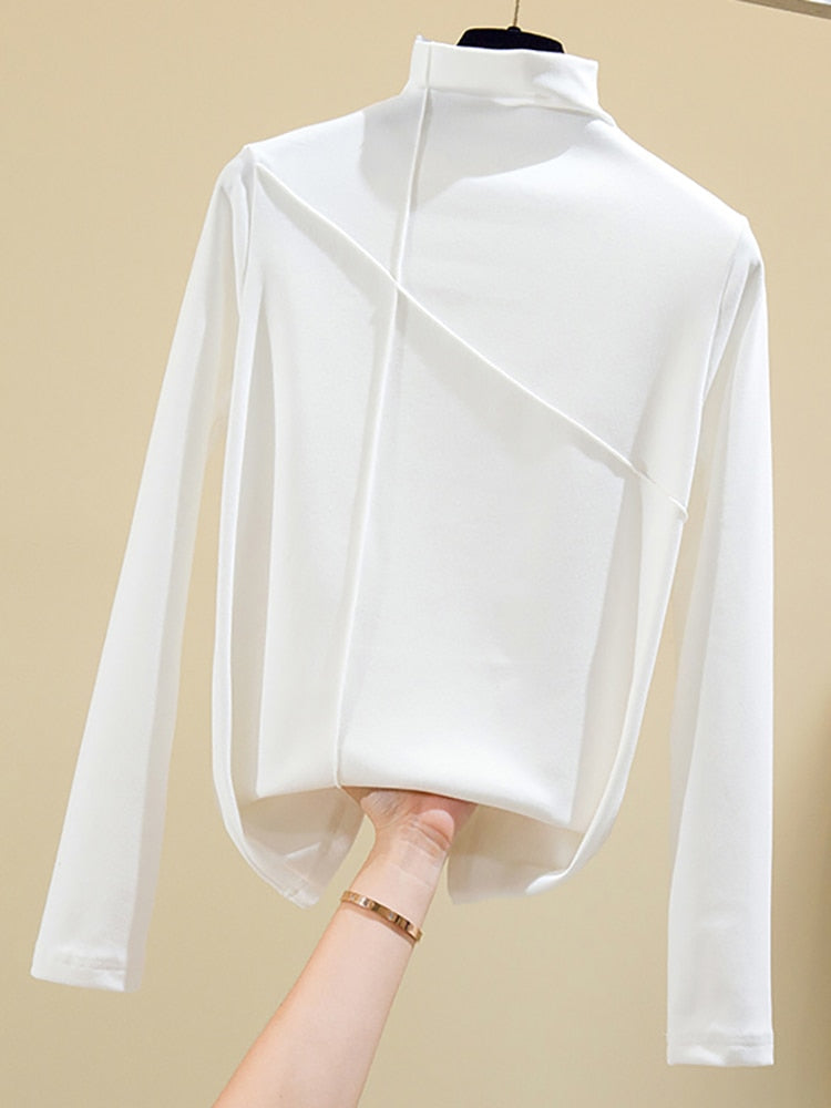 maoxiangshop Long Sleeve Thick T Shirt Women Winter Tops Turtleneck Warm T-Shirt Korean Cotton Tshirt Woman Tee Shirt Femme Pink Blue